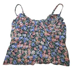 VTG  BonJour Tank Top Women M Pink Floral Button Front Smocked Boho Camisole